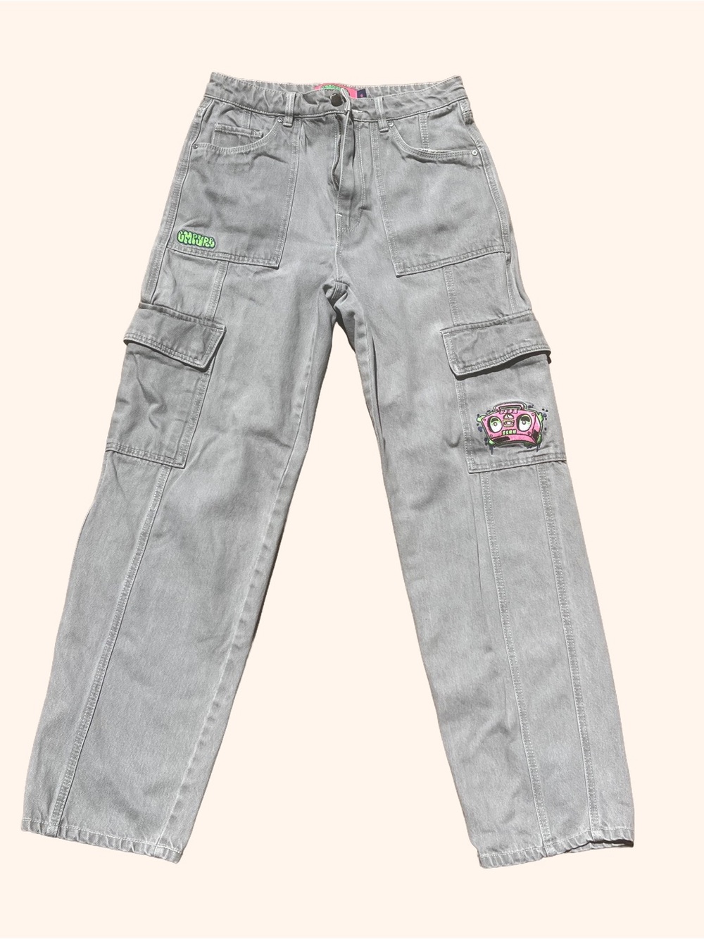 Empyre Light Gray Cargo Trousers with Neon Patch Details - Picture 1 of 2